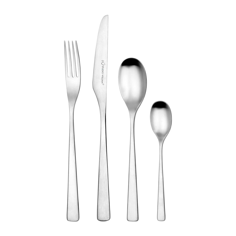 A set of silver flatware including a table knife, table fork, dessert spoon, and teaspoon with a satin finish.