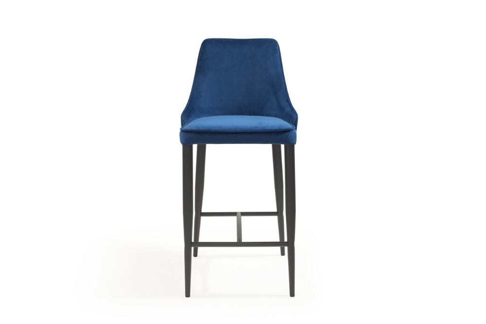 Front of Blue velvet bar stool with black legs on a white background