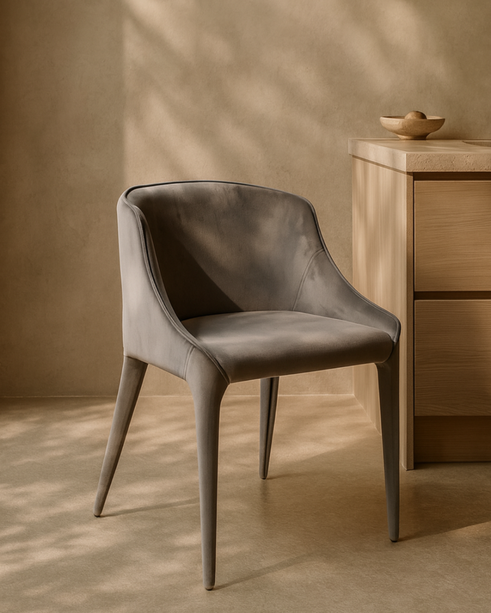 Tommy Franks Grey Completo Dining chair in a room with a wooden cabinet and beige wall