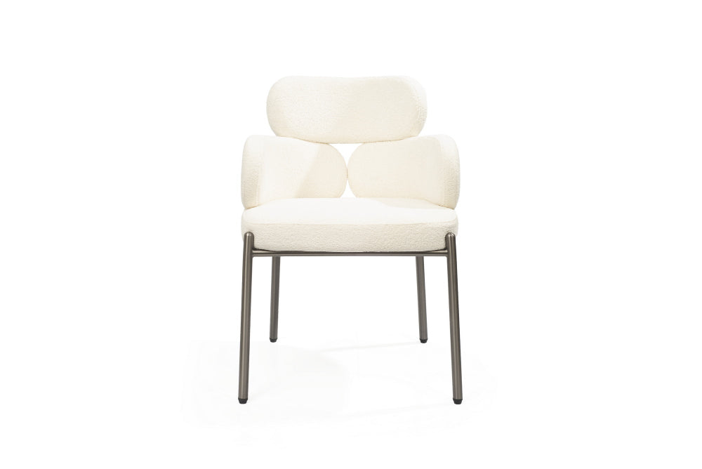 Tommy Franks Dream Bouclé Modern dining chair with white cushioned seat and backrest on a white background