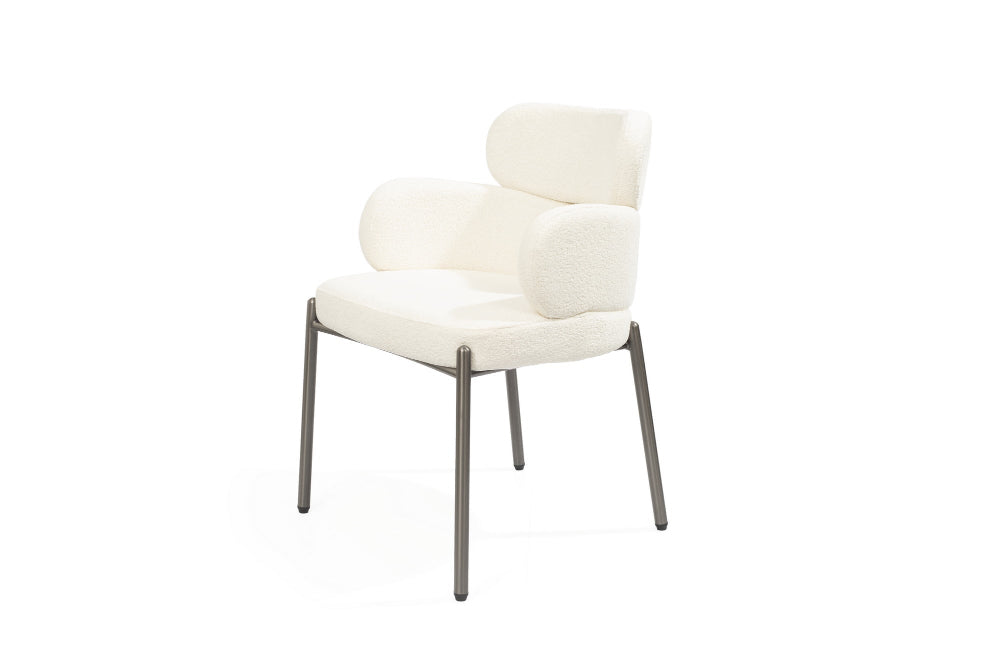 Tommy Franks Dream Dining chair bouclé White chair side profile with a modern design on a white background 