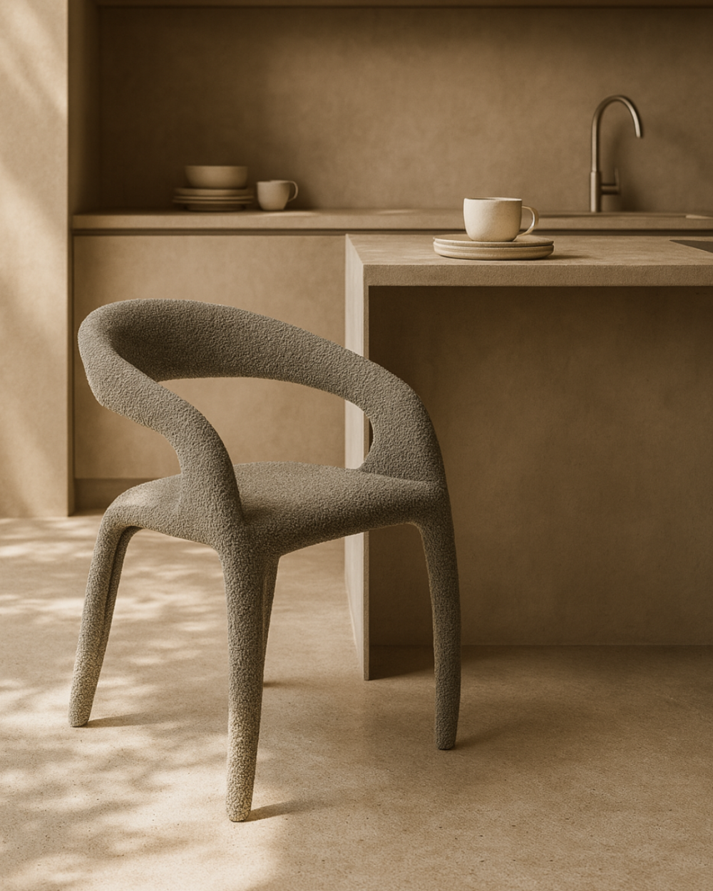 Tommy Franks Escada Boucle Charcoal Dining Chair in a minimalistic room with neutral tone