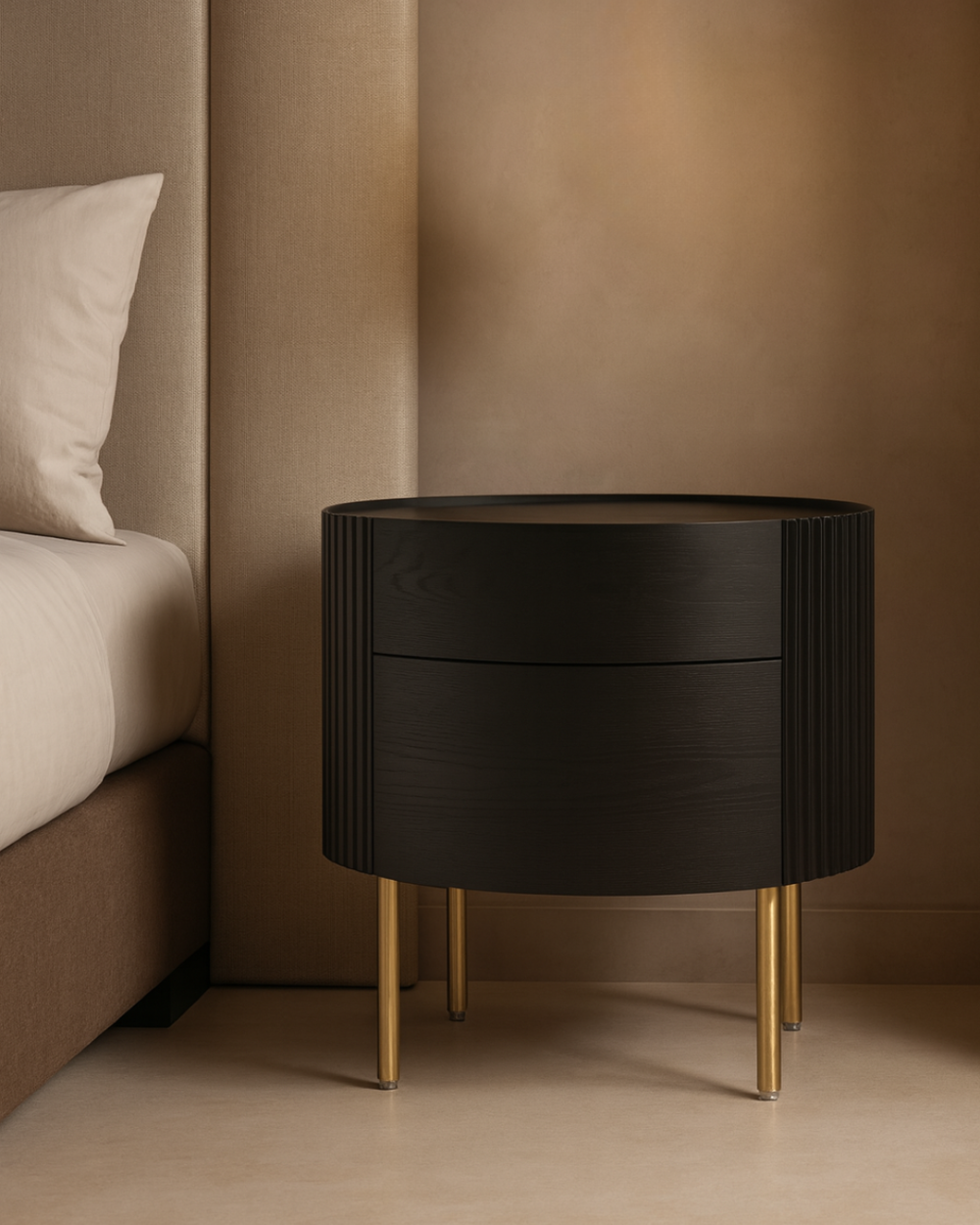 Tommy Franks Lantine Black nightstand with gold legs next to a bed in a bedroom setting