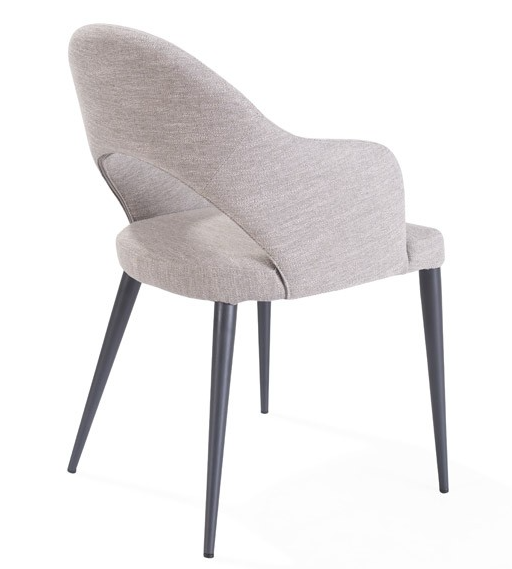 Light Grey upholstered chair with black legs on a white background showing back and side profile