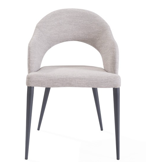 Light Grey upholstered dining chair with black legs on a white background