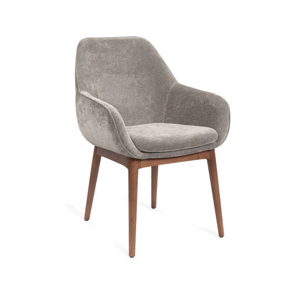 Grey upholstered chair with wooden legs on a white background