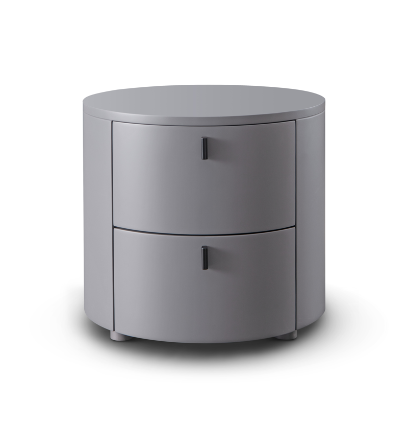 Tommy Franks Round grey bedside table with two drawers on a white background