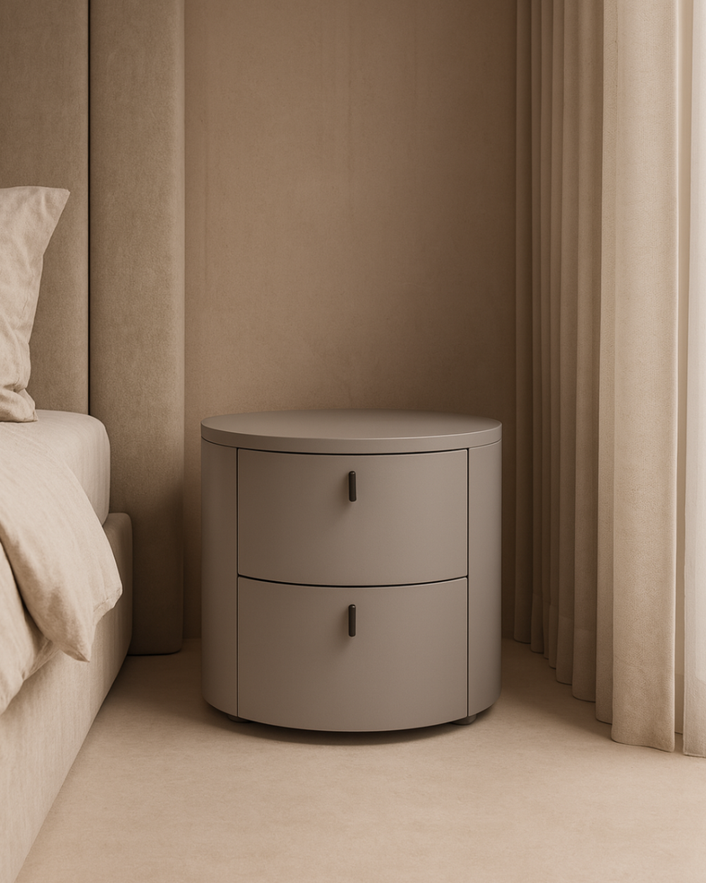 Tommy Franks Sims Round Matte Grey nightstand in a bedroom setting with a bed and curtains.