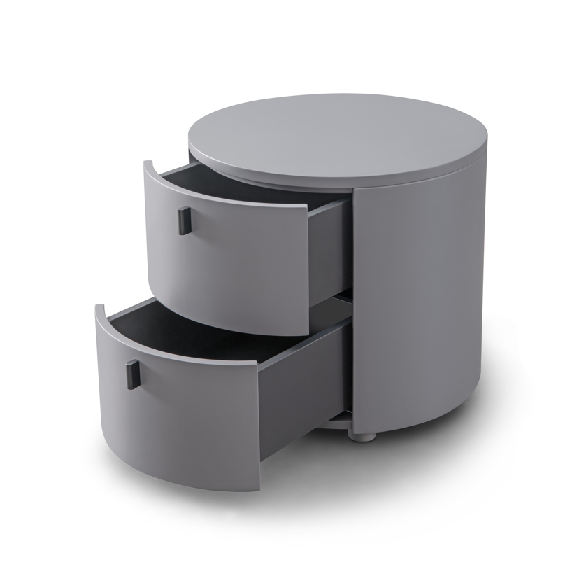 Tommy Franks Grey cylindrical bedside table with two drawers opened on a white background