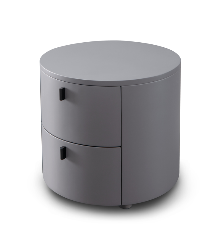 Tommy Franks Round grey bedside table with two drawers on a white background side profile