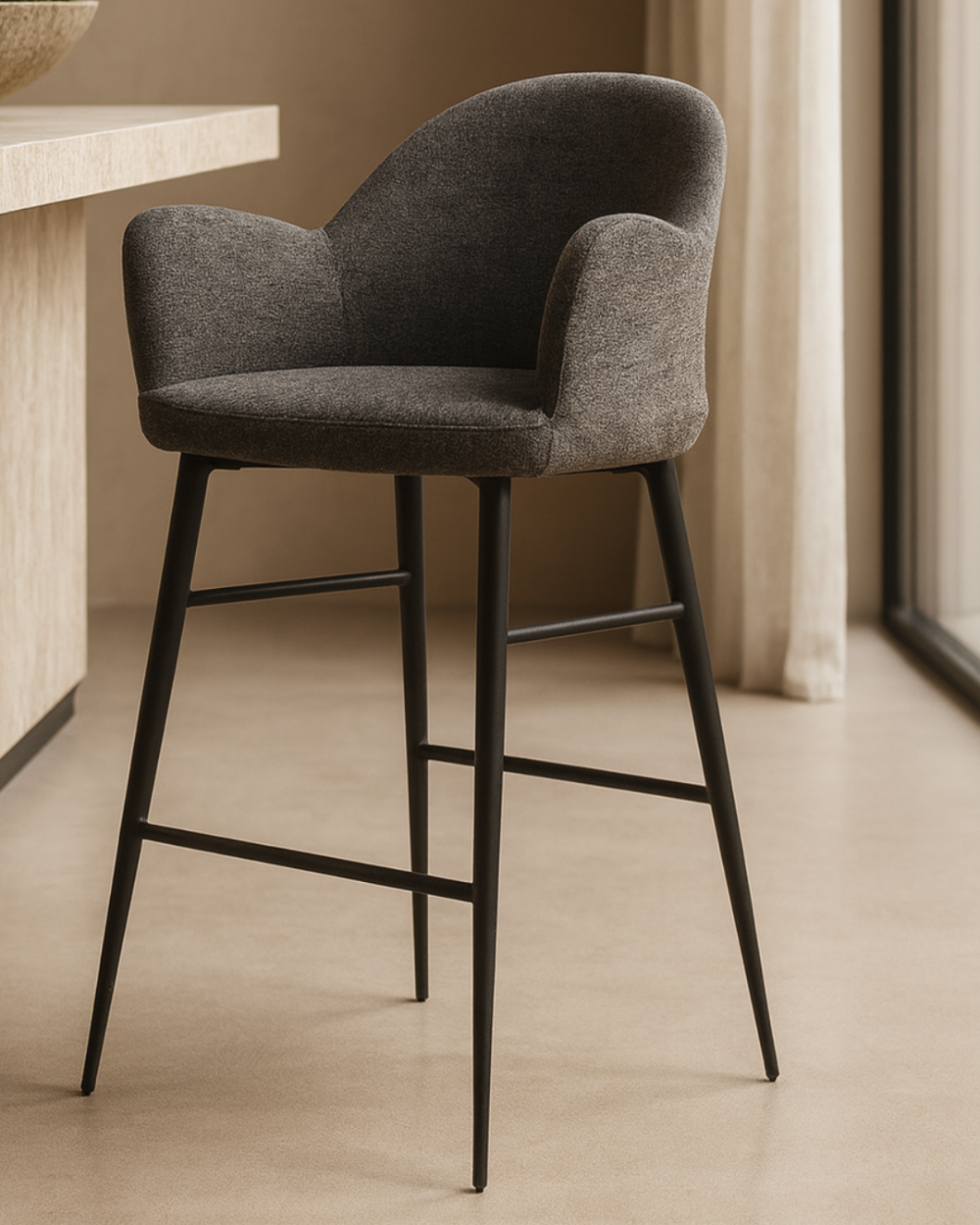 Tommy Franks Sutro Bar stool Grey bar stool with black legs in a room setting