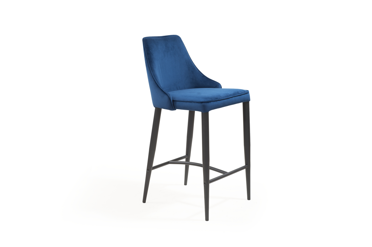 Tommy Franks Velvet Blue bar stool with black legs on a white background 