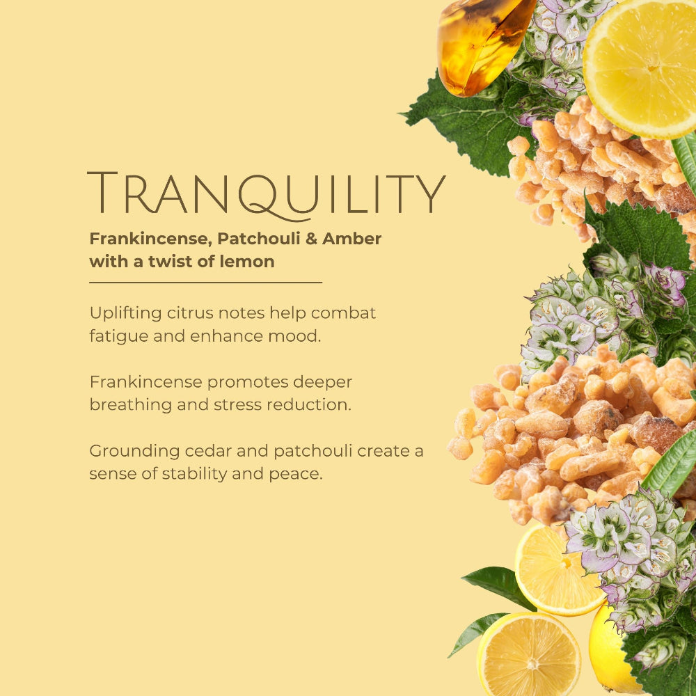 Product packaging with frankincense, patchouli, amber, and lemon elements on a yellow background.
