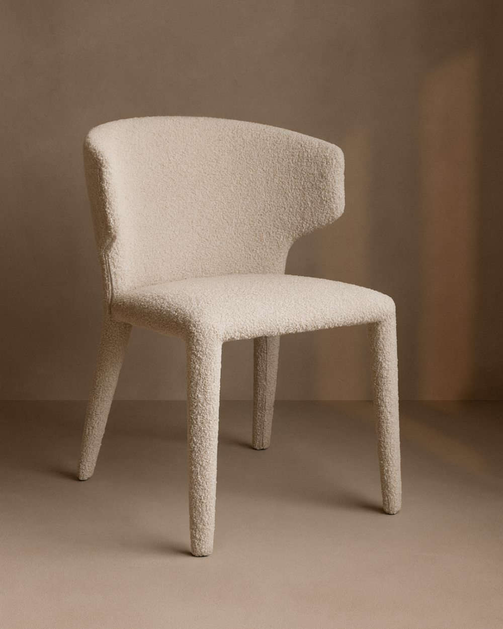 Beige Chex Steam Boucle Fabric textured Dining chair against a brown background