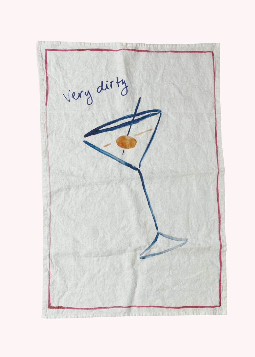 Tea towel with a martini glass graphic and 'very dirty' text on a white background