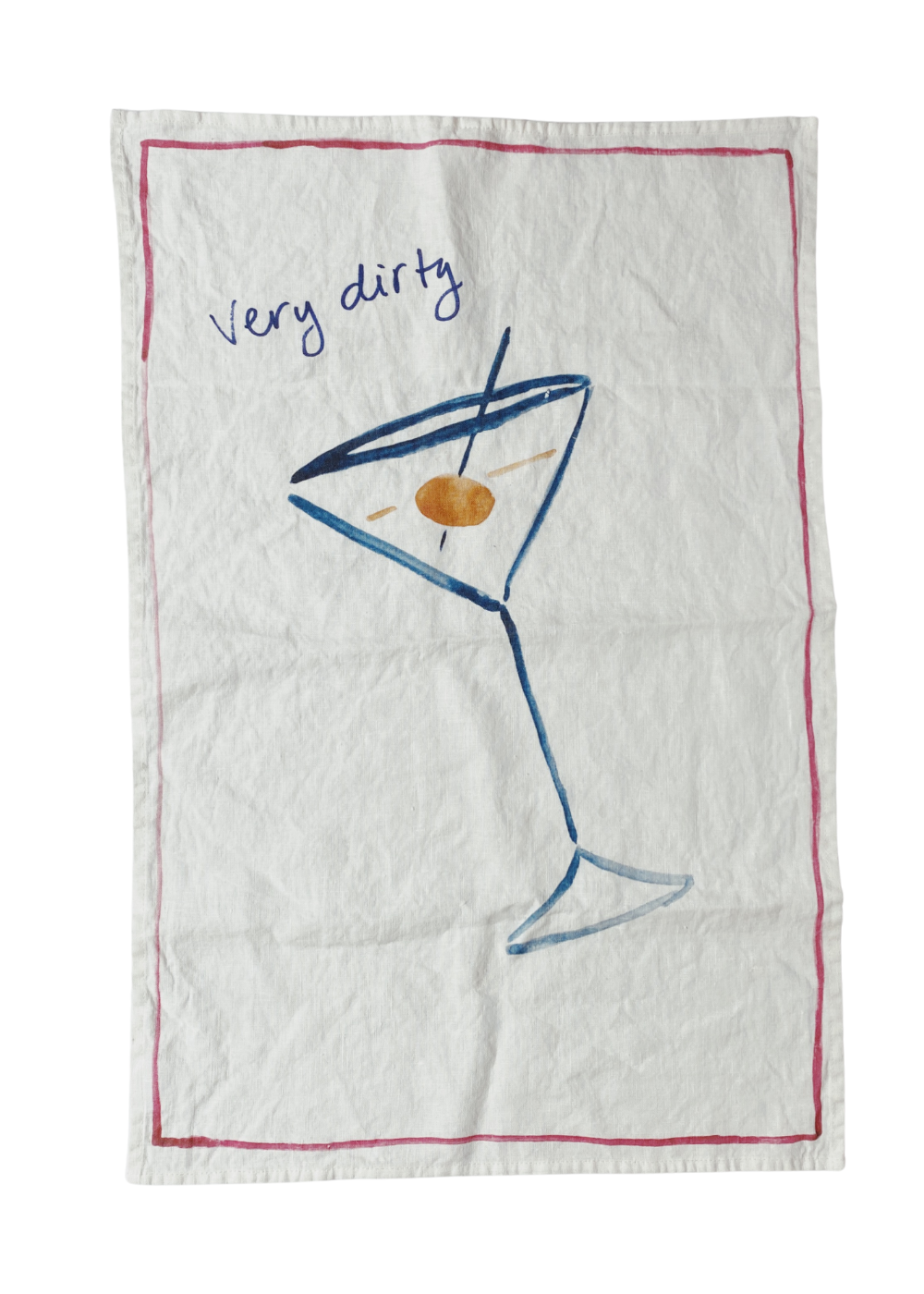 Tea towel with a martini glass design and 'Very dirty' text on a white background