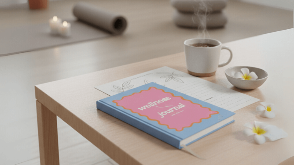 Wellness journal on a coffee table with a cup of coffee and flowers