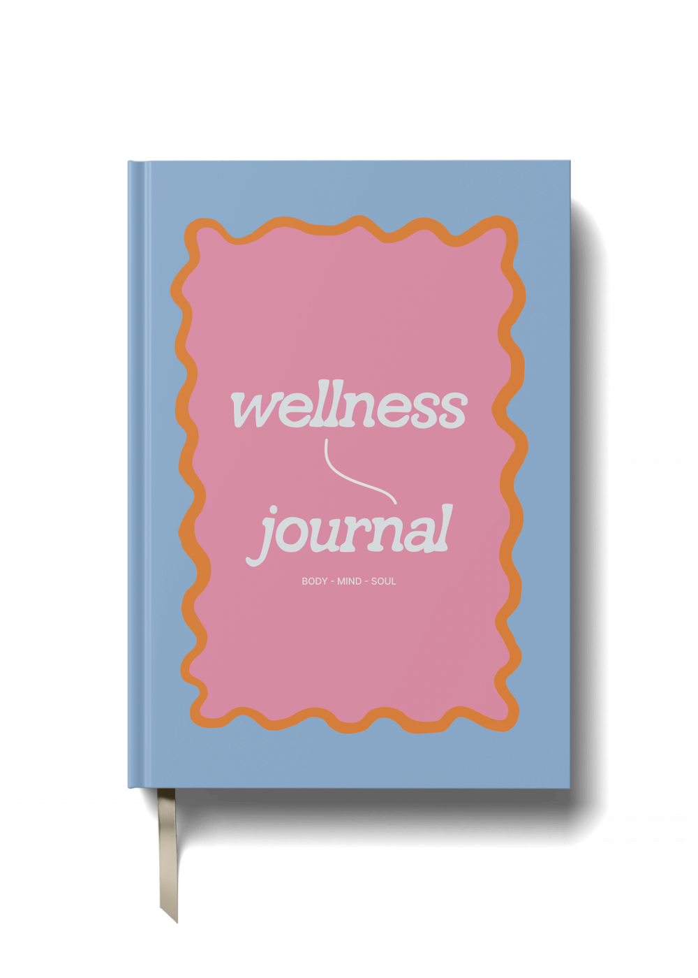 Wellness journal with pink cover and white text on a blue background by Yop and Tom