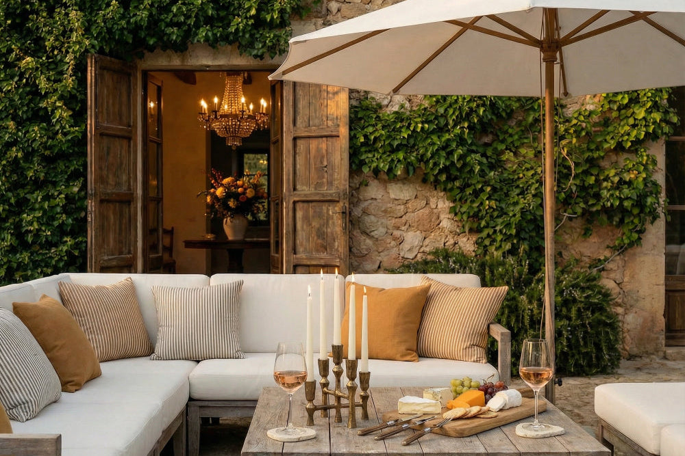Outdoor patio setting with a sectional sofa, umbrella, and table with food and drinks.