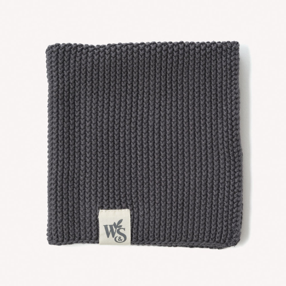 Slate Grey knitted organic dishcloth with a logo on a white background