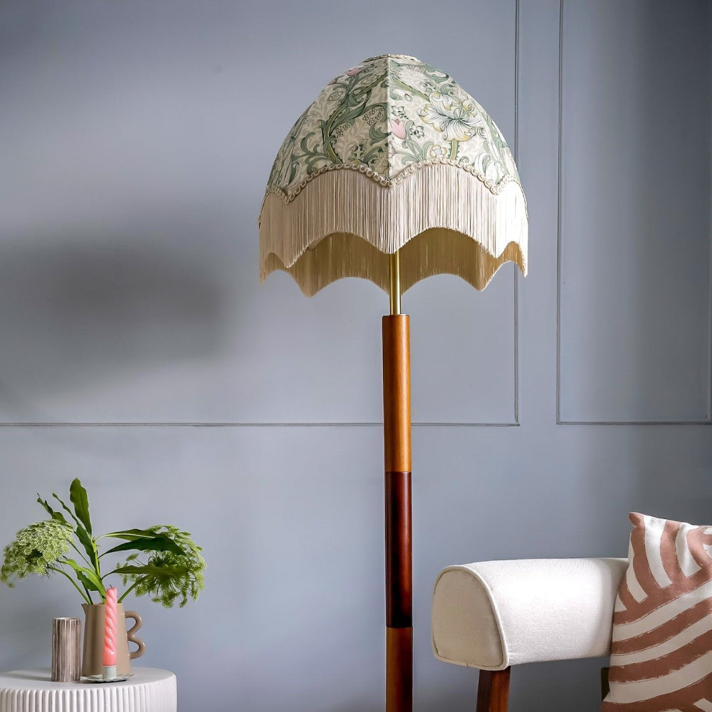 William Morris Lampshade floor lamp with floral patterned shade in a room setting.