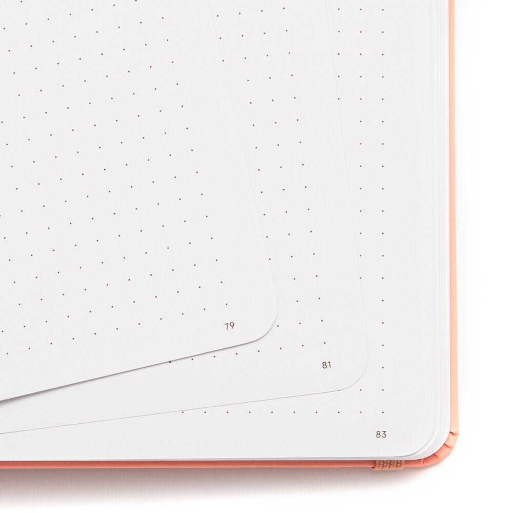 Close-up of a A5 notebook page with dot grid on a white background