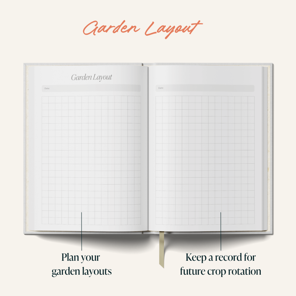 Open notebook with grid pages labelled 'Garden Layout' on a white background