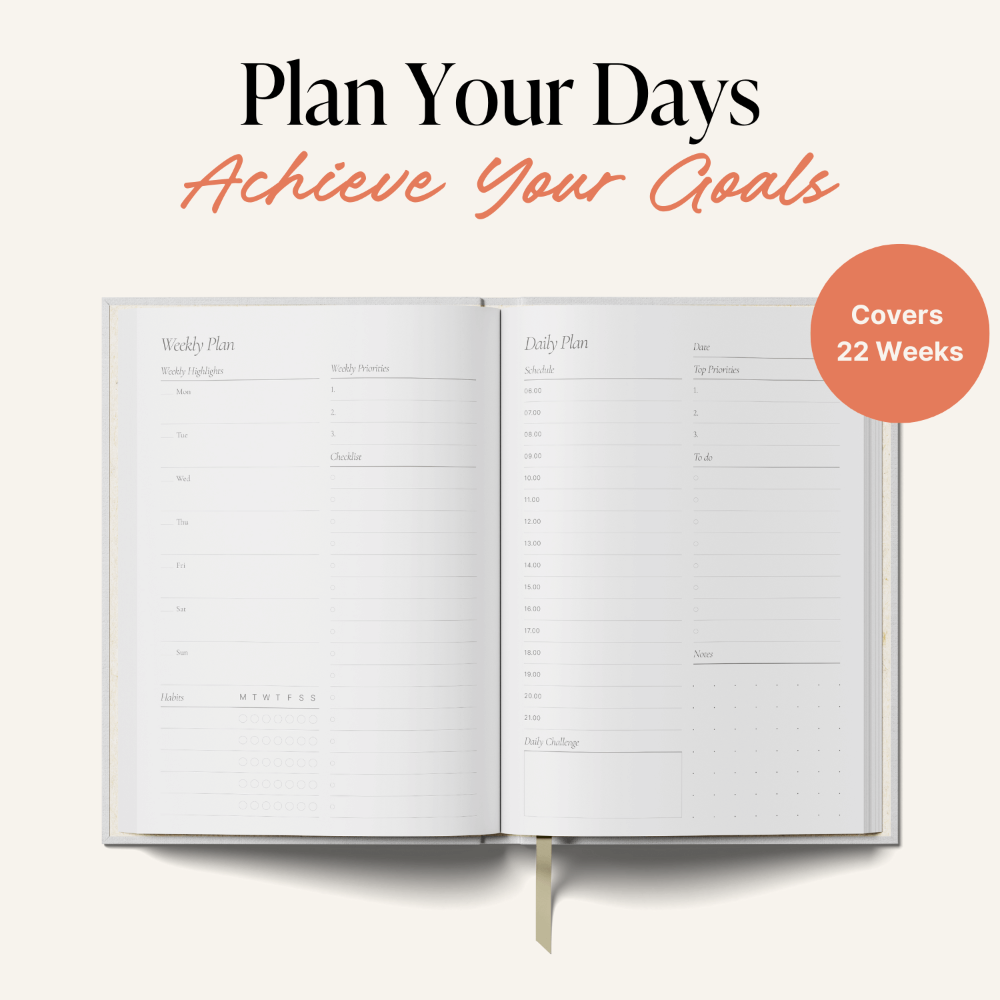 Open planner with daily and weekly plans on a white background, featuring text 'Plan Your Days Achieve Your Goals'.