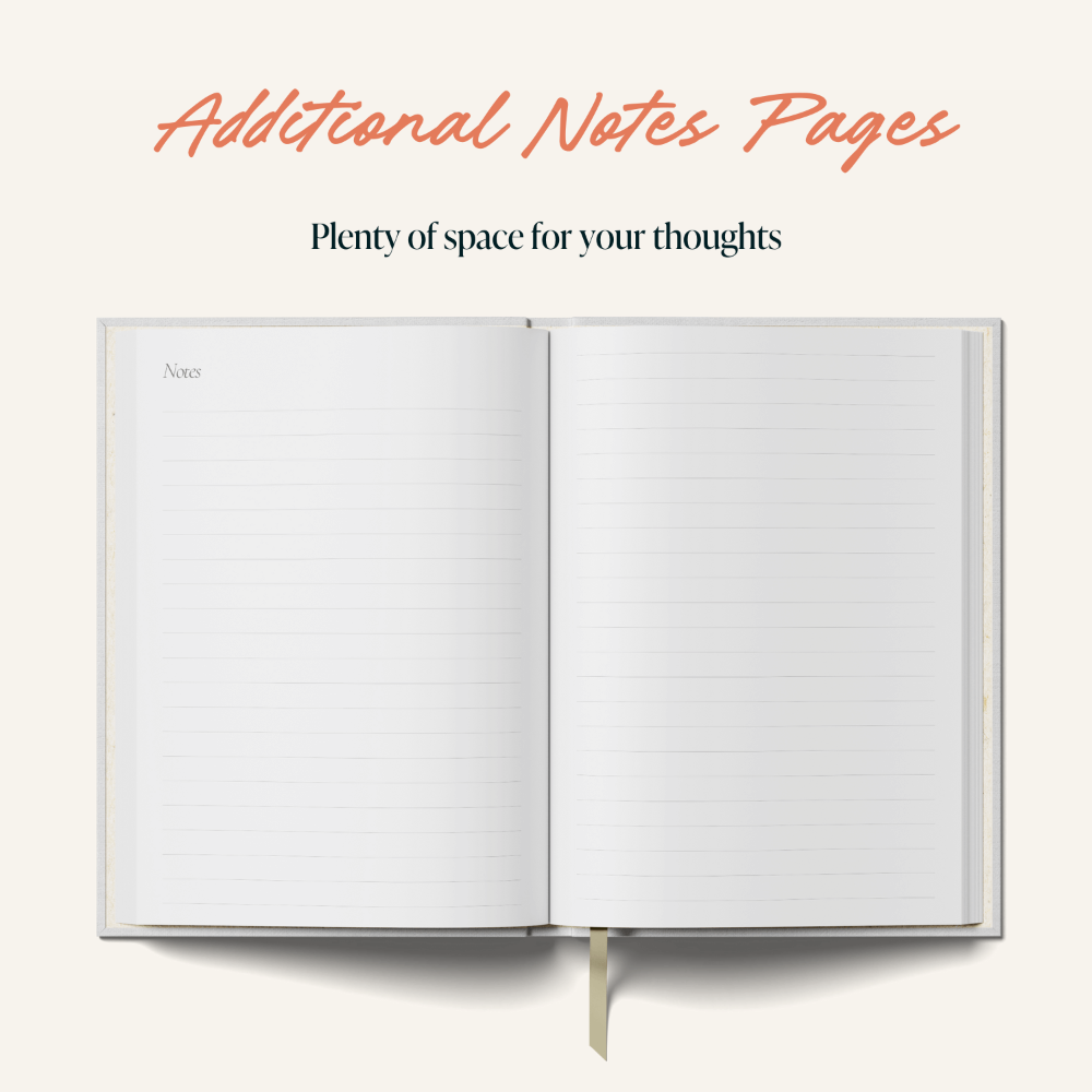 Open notebook with blank pages on a white background, text 'Additional Notes Pages' and 'Plenty of space for your thoughts'.