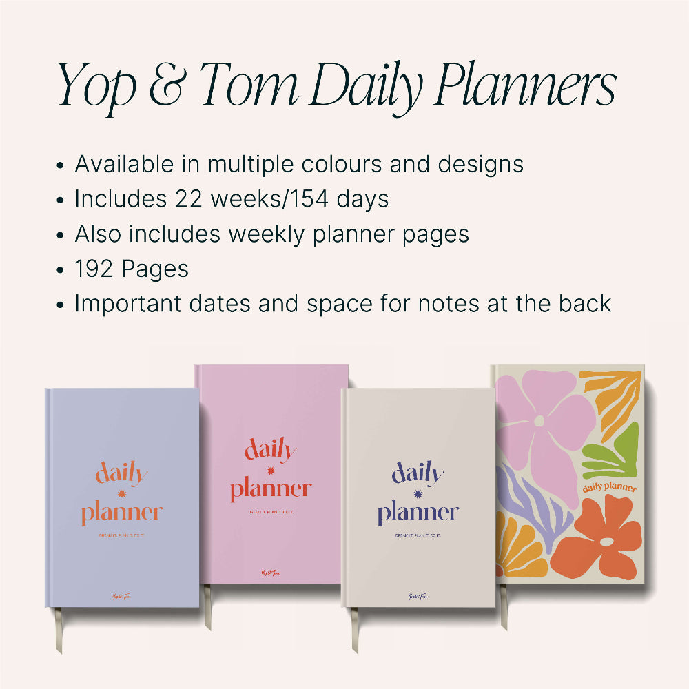 Yop & Tom Daily Planners with various designs on a white background