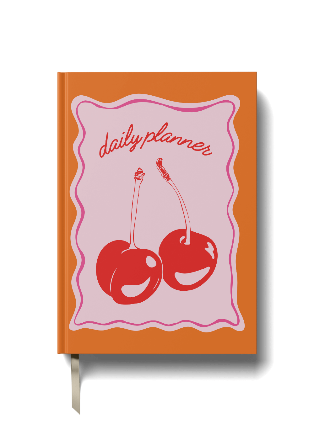 Orange, pink and red daily planner with cherry design on a black background