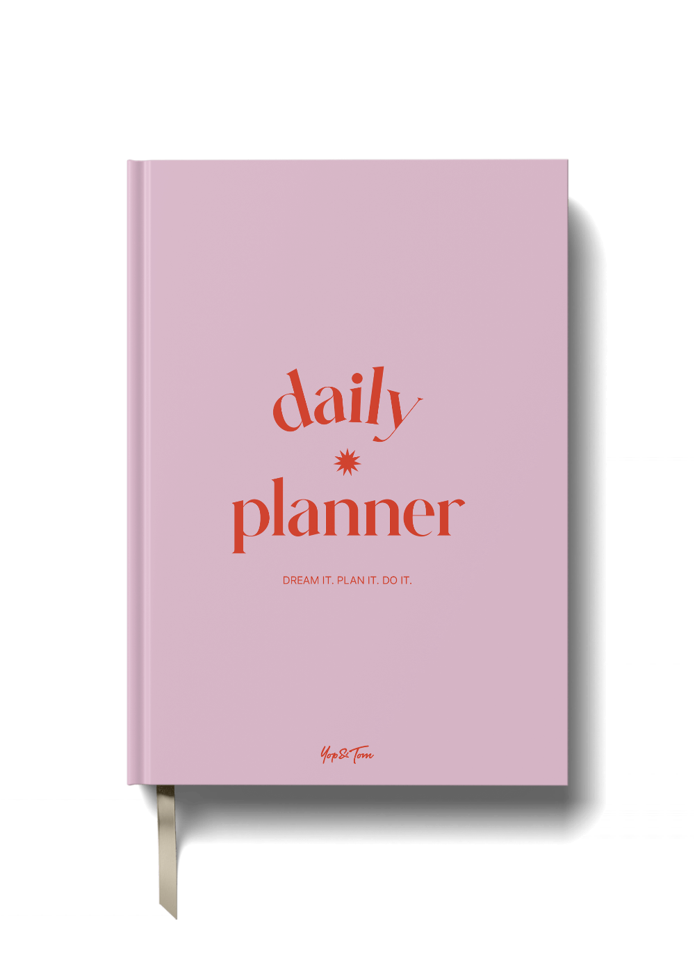 Pink daily planner with red text on a black background