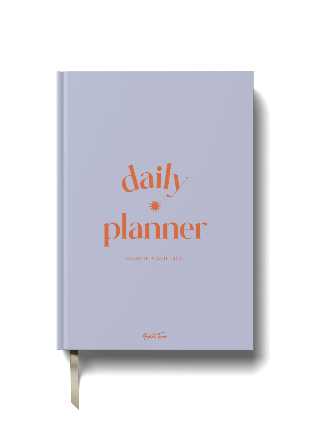 Purple daily planner with orange text on a black background