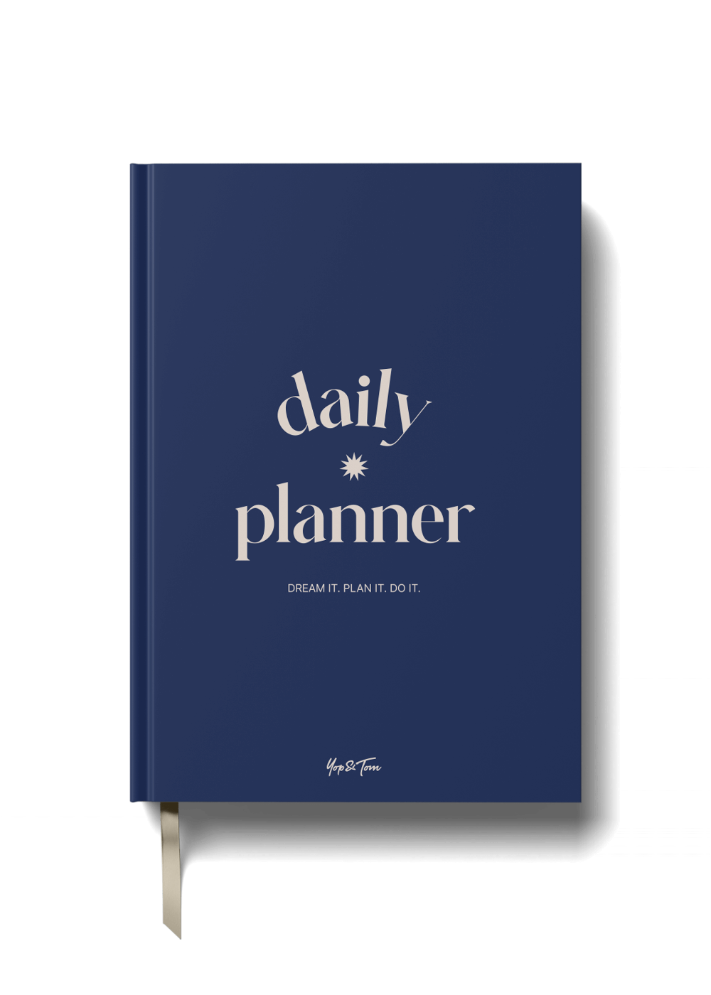 Navy Coloured daily planner with white text on a black background