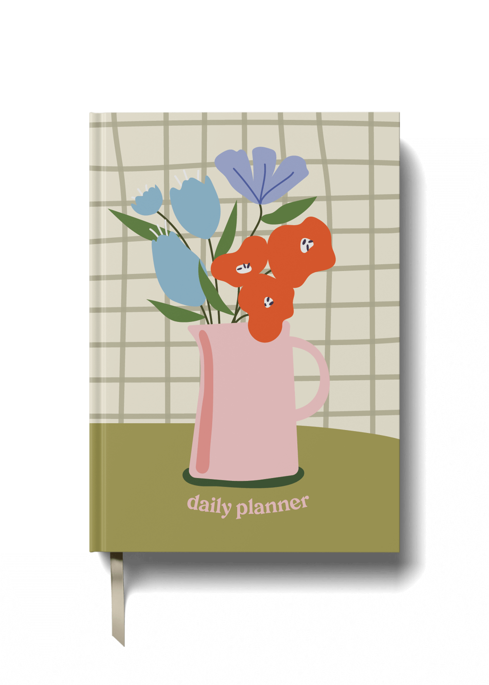 Planner with floral design and 'daily planner' text on a checkered background