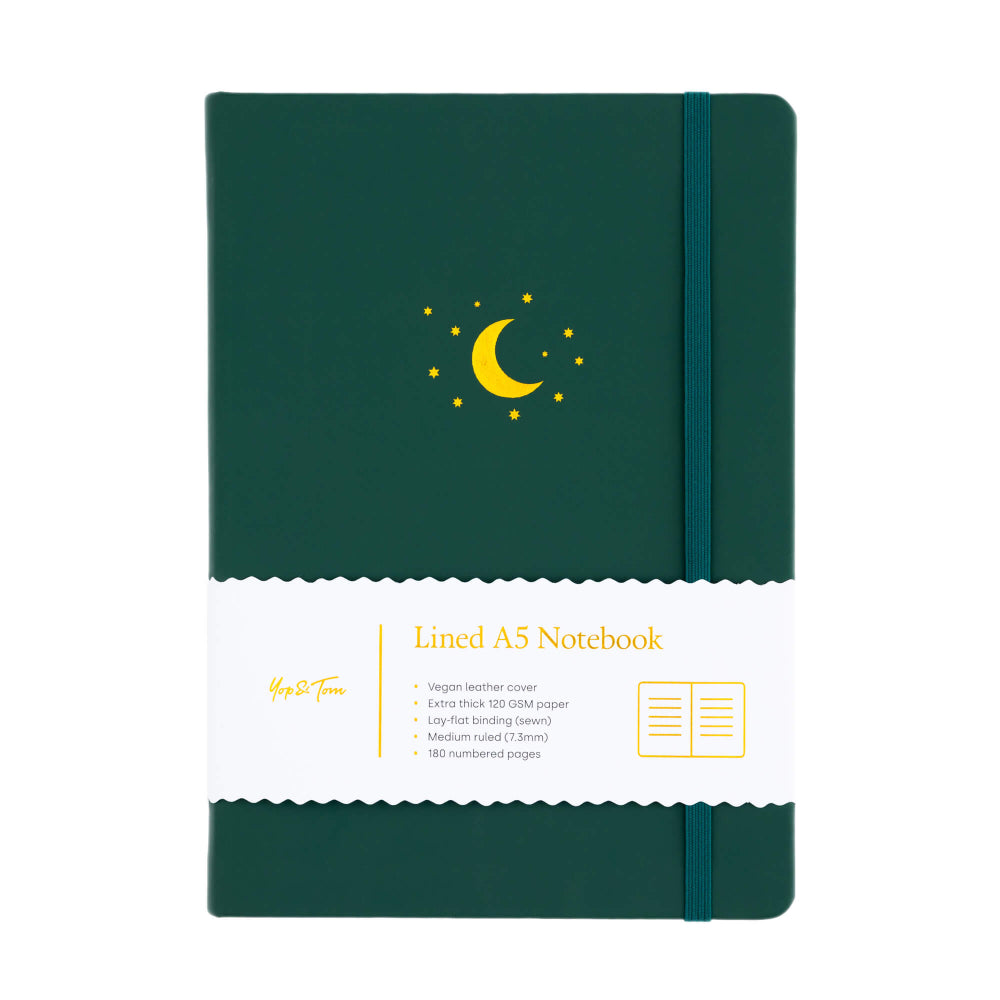 Yop and Tom Green A5 Lined notebook with moon and star debossed design on a white background