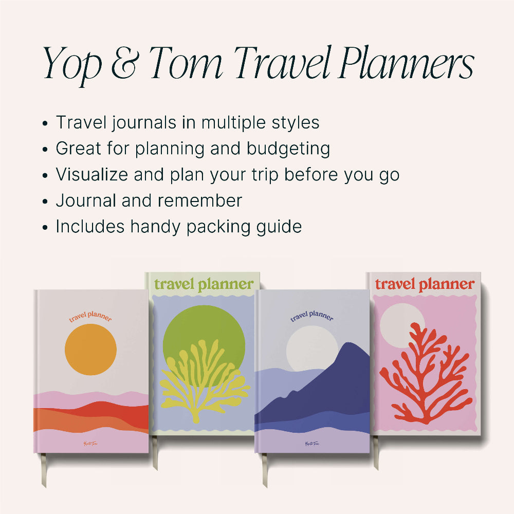 Four travel planners with colourful designs on a white background, featuring text about Yop & Tom Travel Planners.