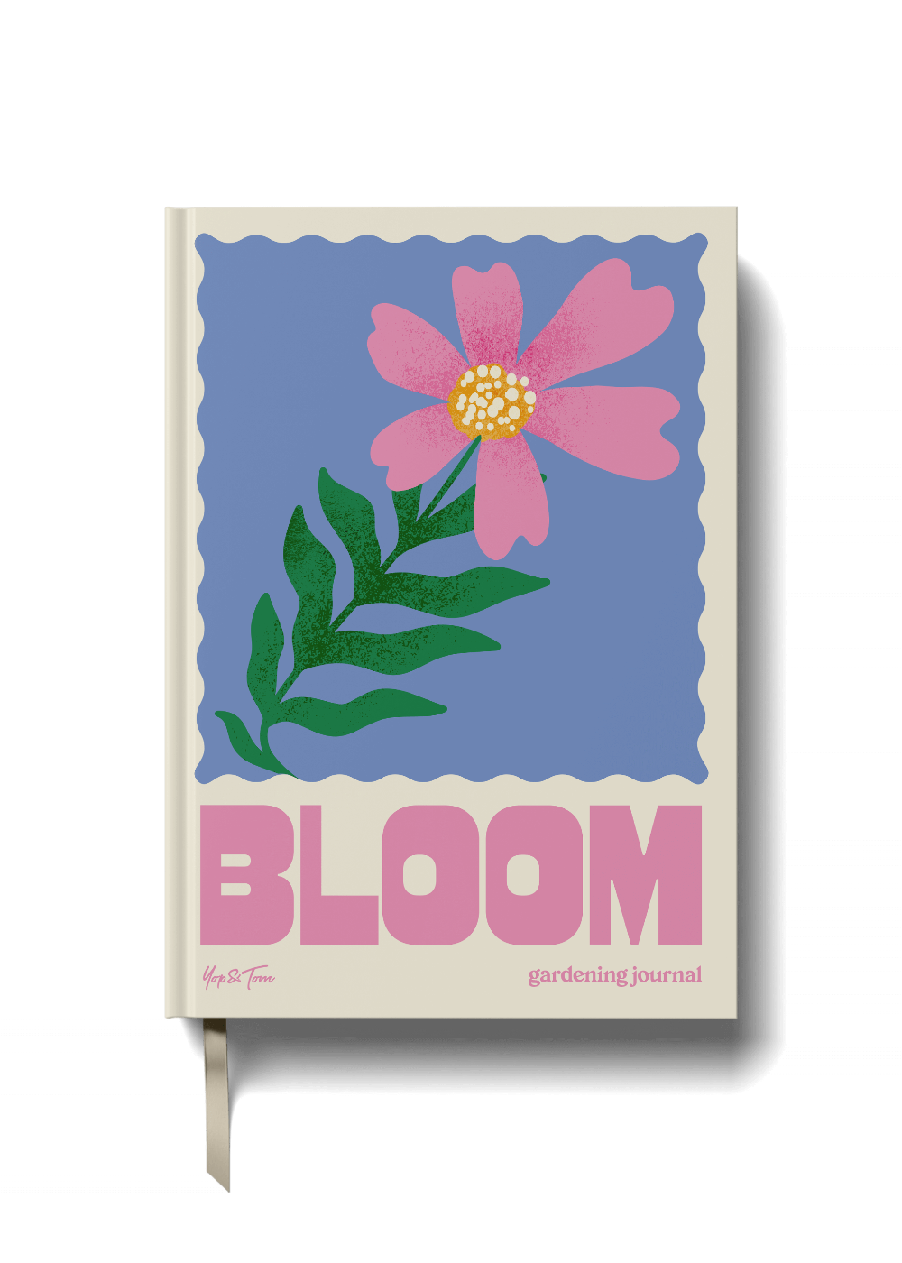 Gardening journal with a pink flower illustration on a blue background