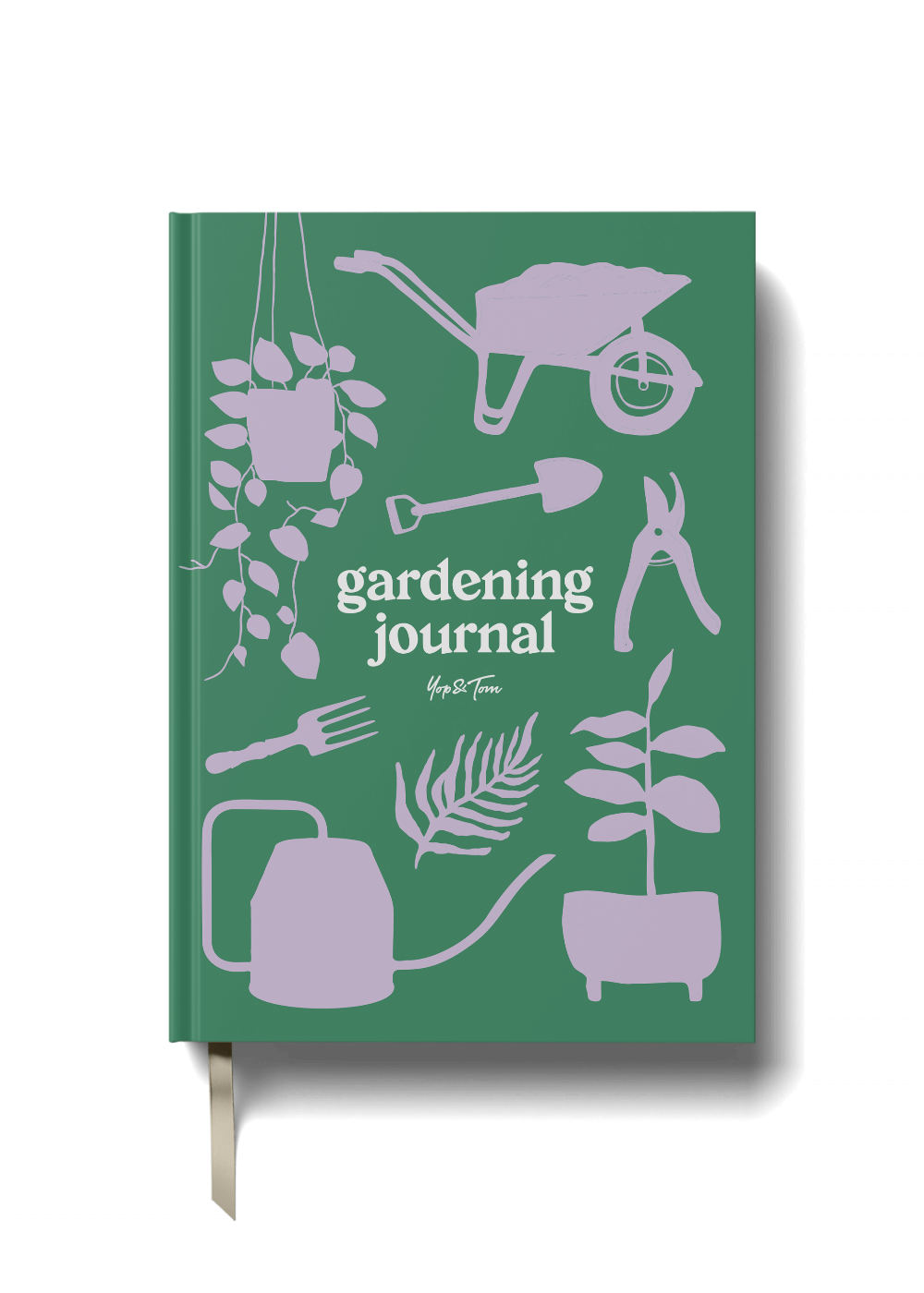 Gardening journal with gardening-themed illustrations on a green background