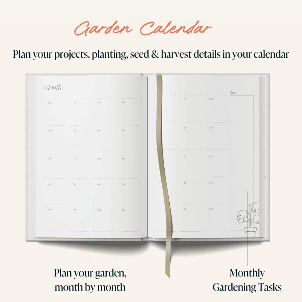 Garden calendar open to a page with monthly planning sections on a white background.