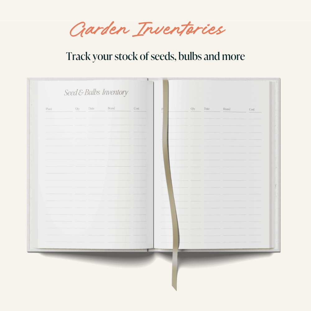 Open notebook with garden inventory pages on a white background