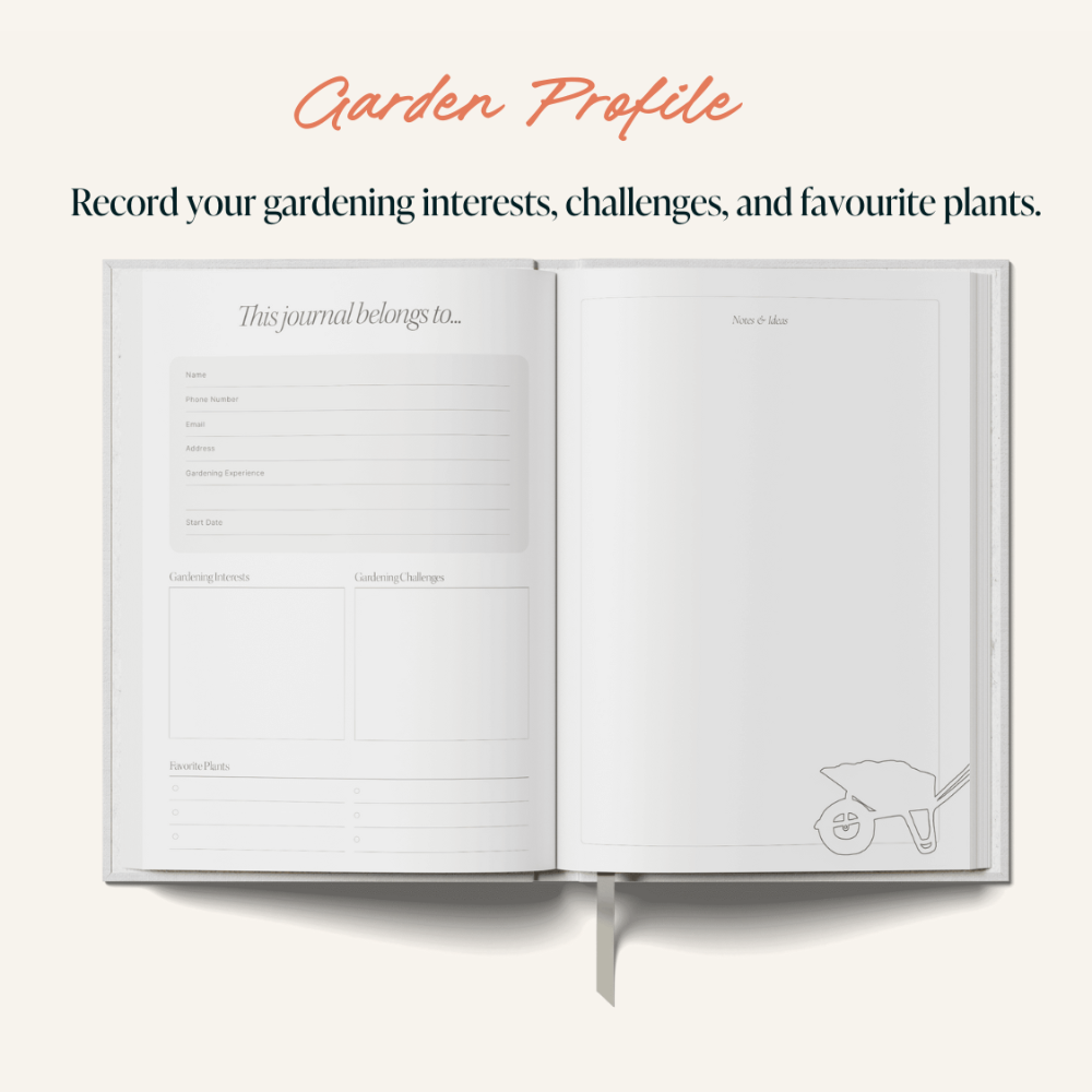 Open journal with gardening-themed pages on a white background