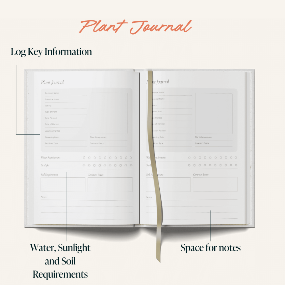 Plant journal with sections for water, sunlight, soil requirements, and space for notes on a white background.