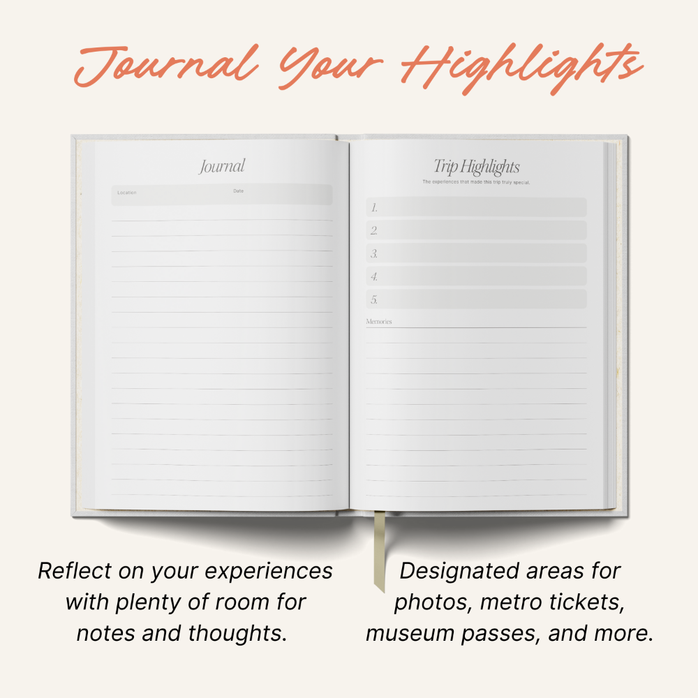 Open journal with labelled sections for 'Journal' and 'Trip Highlights', on a white background.