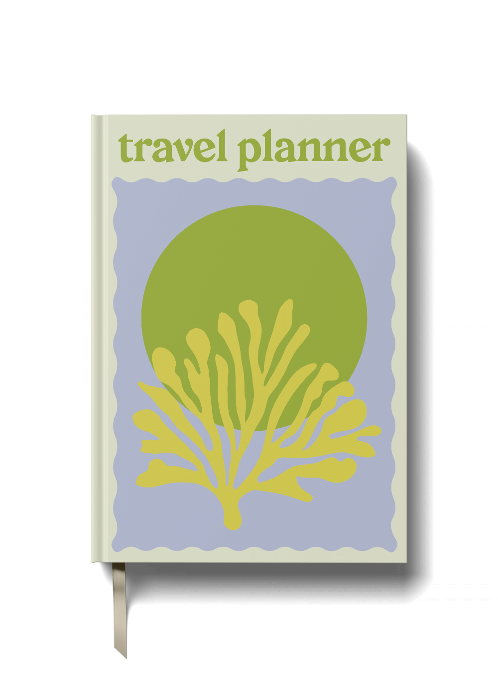 Travel planner with green circle and yellow coral design on a black background