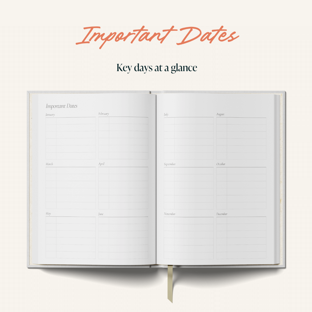 Open planner showing 'Important Dates' section on a white background