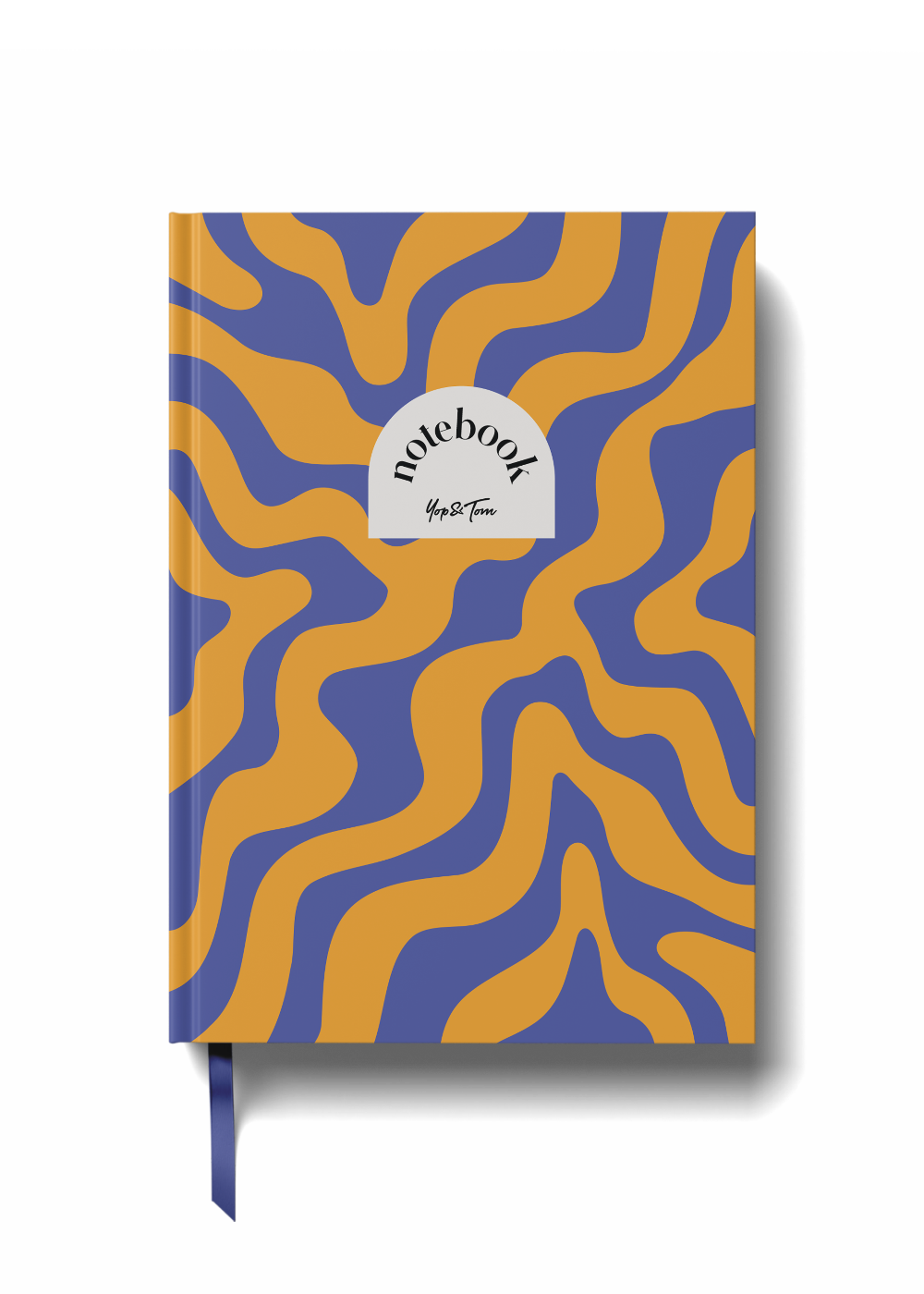 Notebook with wavy blue and orange design on a white background