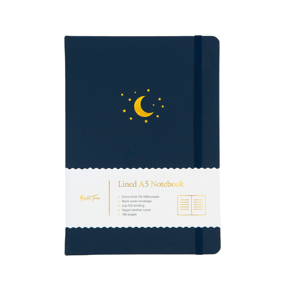 Yop and Tom Midnight Blue A5 lined notebook with a Gold debossed moon design on a white background