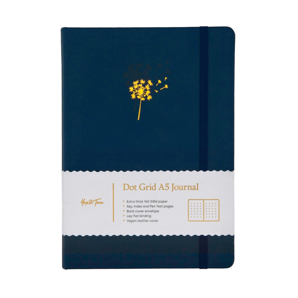 Yop and Tom Navy blue dot grid A5 journal with a Gold Dandelion design on a white background