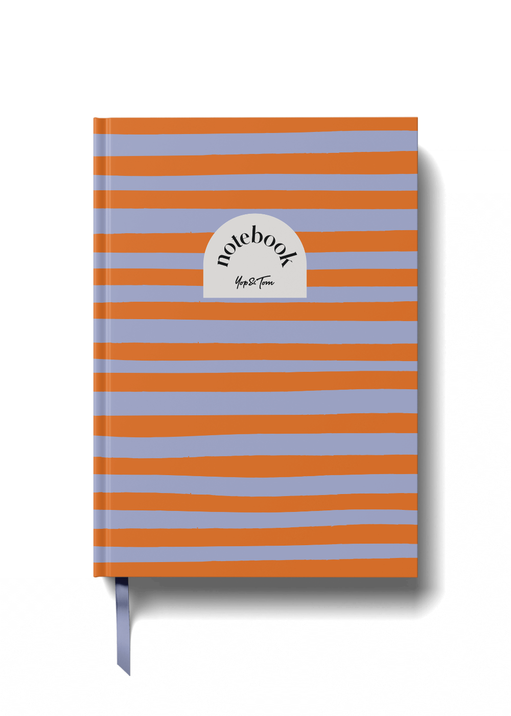 Notebook with orange and blue striped cover on a black background